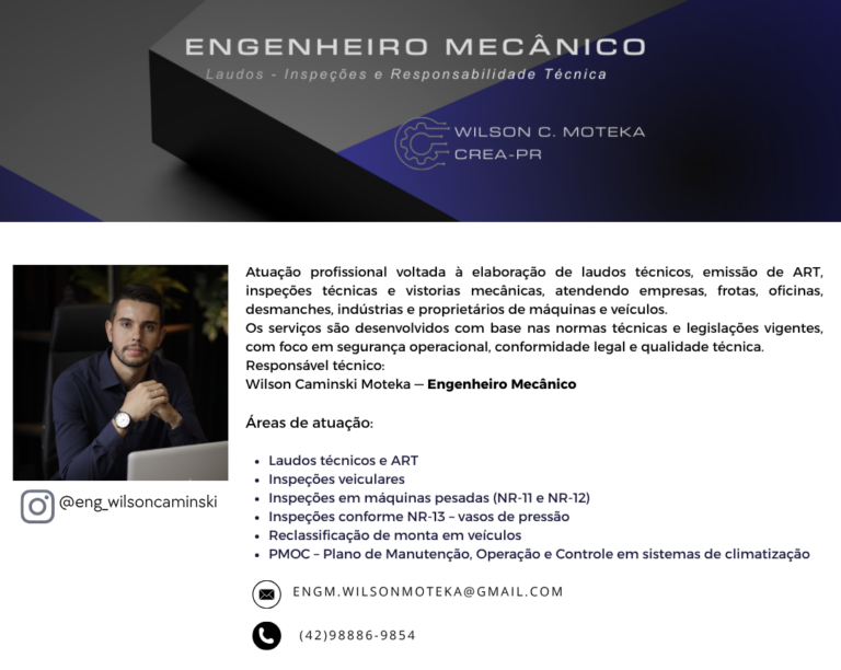 atuação profissional voltada à elaboração de laudos técnicos, emissão de art, inspeções técnicas e vistorias mecânicas, atendendo empresas, frotas, oficinas, desmanches, indústrias e proprietários (9)